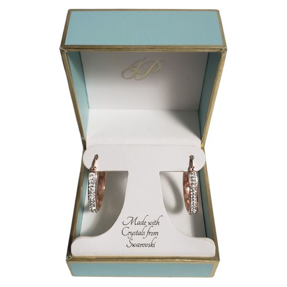 Jenni Park Swarovski Rose Gold Tone Finish 2 Row Crystal Hoop Earrings New Boxed - Picture 3 of 5